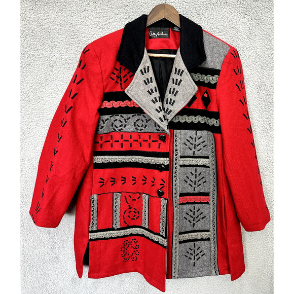 Anthony mark Hankins Coat Womens Large Red Geometric Button Artsy Boho Funky‎ - Picture 1 of 8